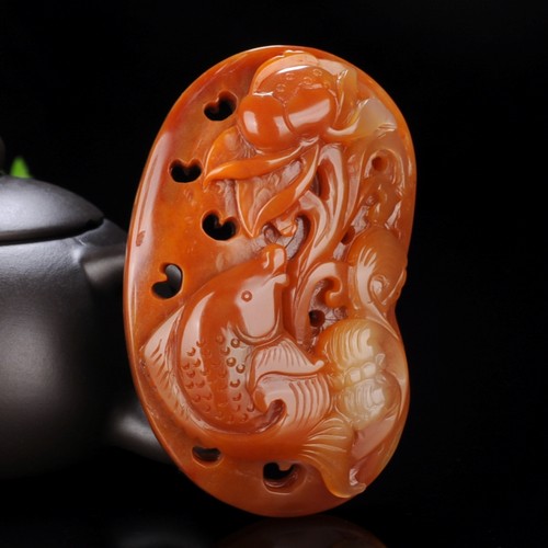 天然黄龙玉精雕镂空双面金鱼莲花男女手把件挂件年年有余手把件