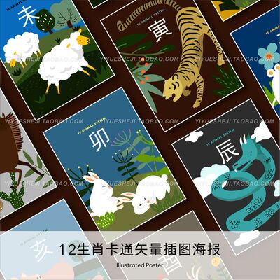十二12生肖动物卡通插图背景海报 ai矢量源文件平面设计素材5