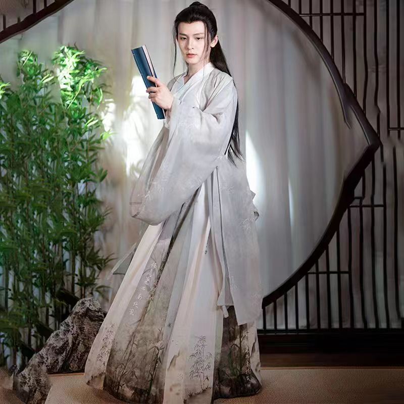 出租男女同款魏晋风汉服交领齐腰印花古装中国风七夕晚会演出服装