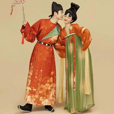 租情侣唐制圆领袍汉服写真唐宫夜宴女齐胸襦裙运动会开幕式走方阵