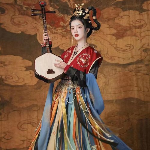 出租唐制坦领齐腰襦裙女款汉服古风舞蹈演出活动拍摄七夕汉服走秀