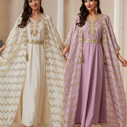 新款珠片两件套阿巴亚连衣裙袍子女Dubai Women's Dress Robe Set