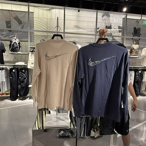 正品代购Nike耐克男背标刺绣印花宽松休闲刺绣柔软长袖T恤 HQ8166