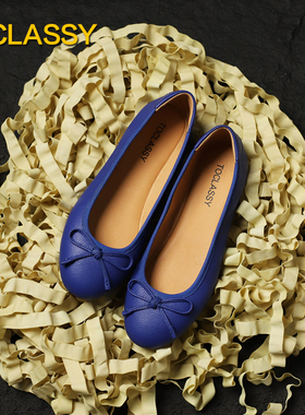 意大利手掌纹小牛皮 丹麦宝蓝色 原创法式蝴蝶结芭蕾舞鞋平底单鞋