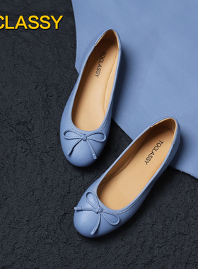 意大利手掌纹小牛皮 冰川湖蓝色 原创法式蝴蝶结芭蕾舞鞋平底单鞋