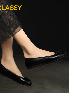 意大利鱼子酱小牛皮漆皮 黑色 蝴蝶结芭蕾舞平底鞋大码女鞋