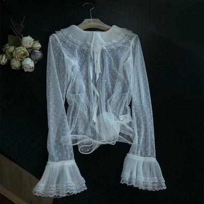 2022秋冬新品订制甜美复古风喇叭袖翻领蕾丝打底衫女配毛衣神器