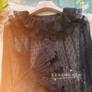 2024秋冬新宝藏单品超仙复古荷叶边翻领娃娃领网纱蕾丝长袖 打底衫