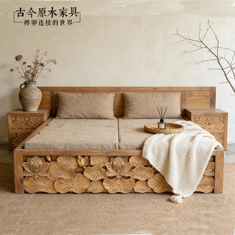 东南亚风格泰式箱体床雕花老榆木