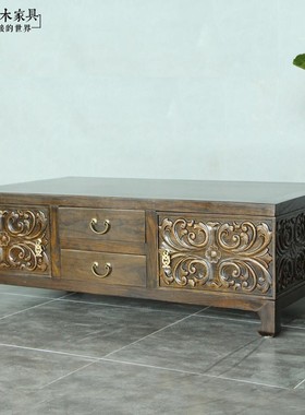 东南亚风格实木雕花中式榆木四边箱储物茶几CT187-16A泰式茶几