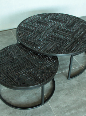 轻奢东南亚风铁艺底座实木大小圆套几CT314侘寂风格大小圆茶几