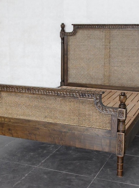 东南亚风格复古美式实木藤编床BD102-2高端侘寂风1米5高尾双人床