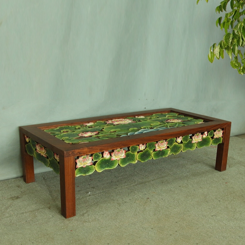 东南亚风格实木玻璃面手绘茶几