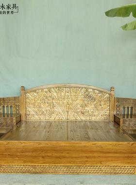 东南亚风格2米实木箱体床古今原木BD258老榆木泰式雕花高箱储物床