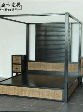 东南亚风格榆木架子床古今原木BD202可定制新中式实木帷幔四柱床