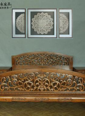 东南亚风格实木双人床古今原木家具BD165印度家具泰式雕花实木床