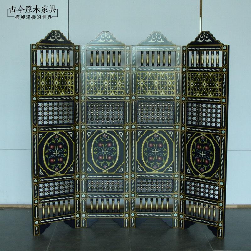 东南亚风格实木手绘屏风隔断古今原木家具SC166-1摩洛哥手绘折屏