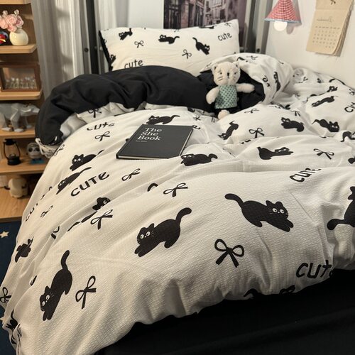卡通软萌黑白猫咪四件套泡泡棉