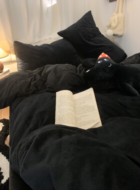 冬季加绒纯黑色床上四件套加厚双面牛奶绒被套床单三件套简约男士
