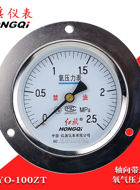 红旗牌轴向带边氧气压力表YO-100ZT禁油背接式面板40/25MPA氧压表
