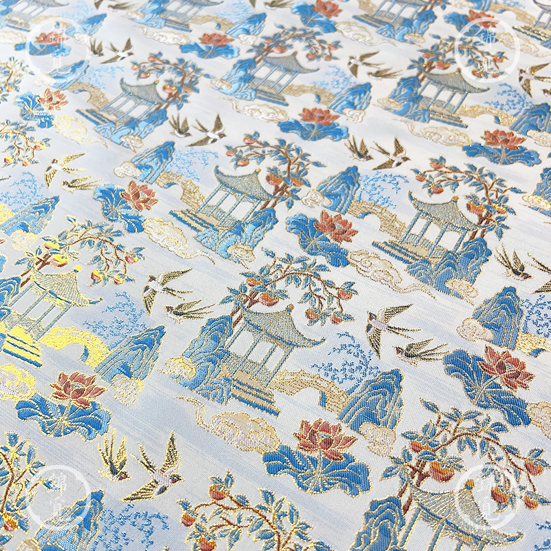 新中式织锦山水楼阁提花汉服面料