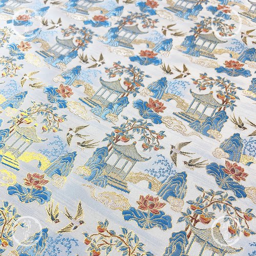 新中式织锦山水楼阁提花汉服面料