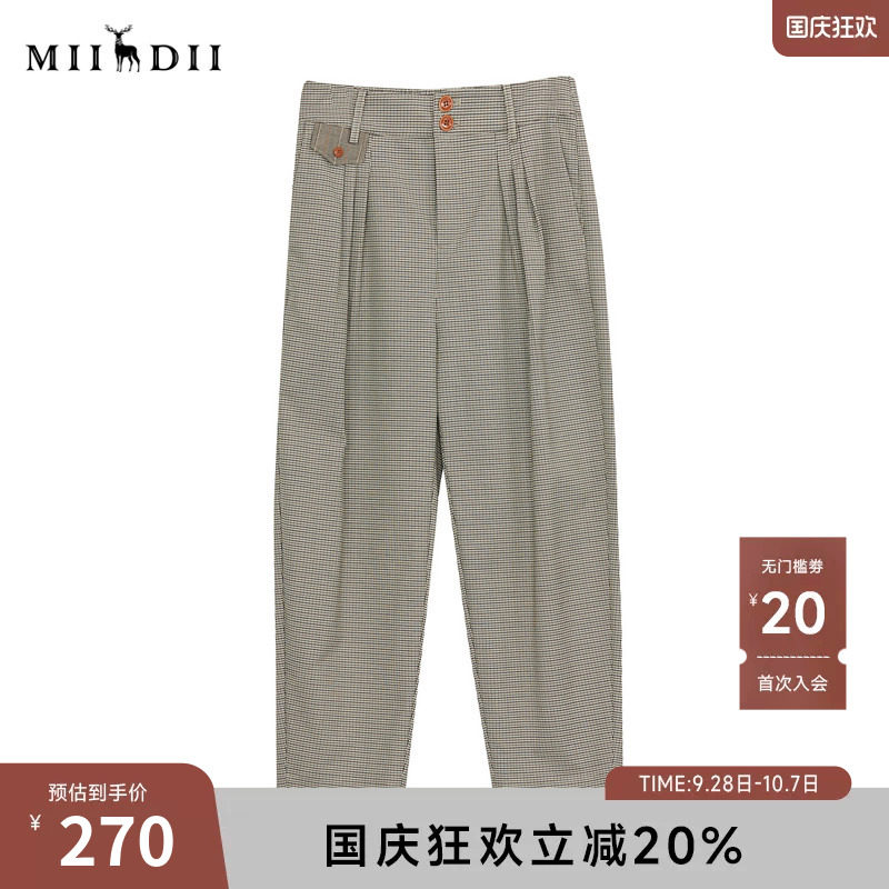 谜底格子萝卜裤女士秋季新品复古风高腰休闲九分裤243MK1166图片