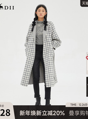 谜底2022冬季新款两面穿毛呢大衣宽松绑带格子双面呢女229MD6227