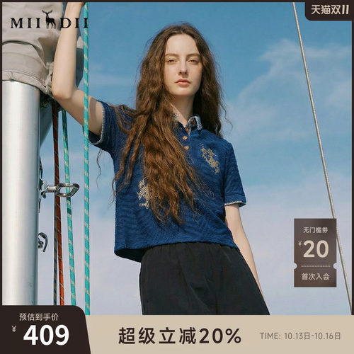 针织牛仔polo衫，海军风蕾丝绣花，百搭
