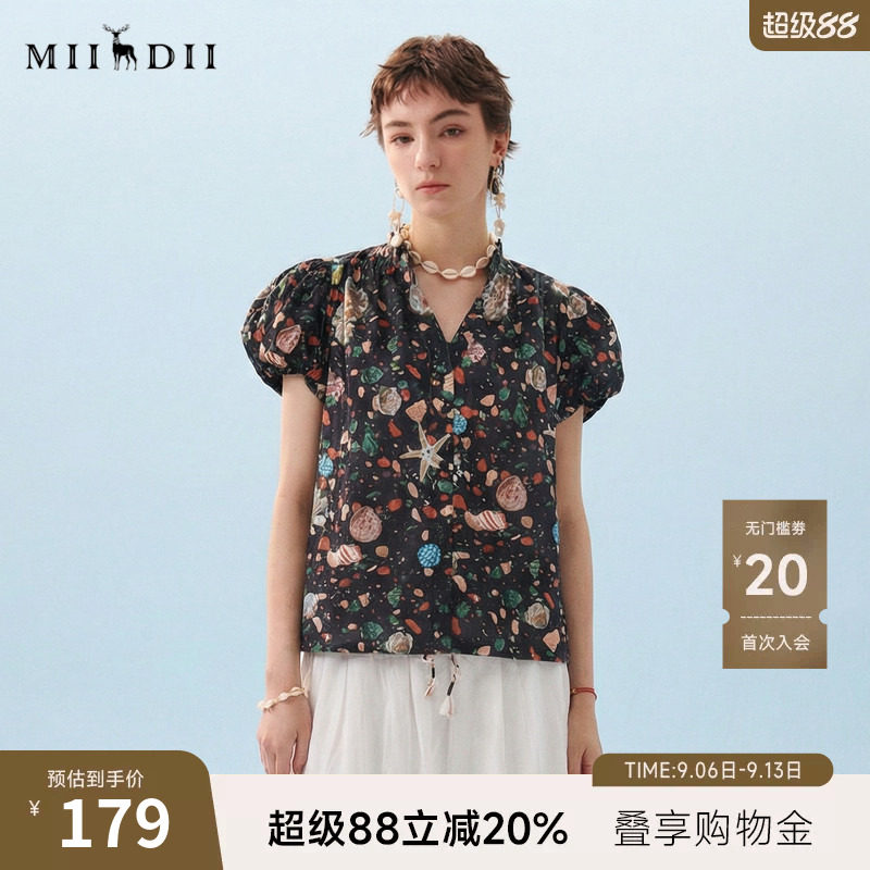 谜底花色衬衫短袖2026年夏季新品印花泡泡袖立领衬衣女266MC6008图片