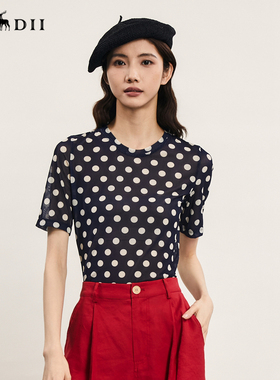 谜底波点T恤短袖女2024年夏季新品百搭特色修身高弹上衣242MT0719