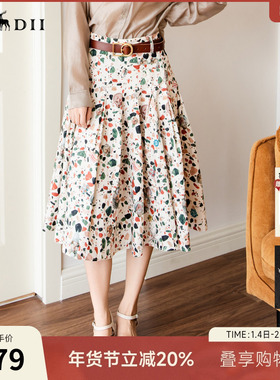 谜底花色半身裙2025秋回归乡野复古修身印花百褶中长裙257MB7821