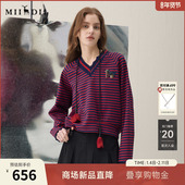 新品 谜底V领卫衣长袖 2026年春季 复古条纹刺绣章仔蕾丝女261MV0011