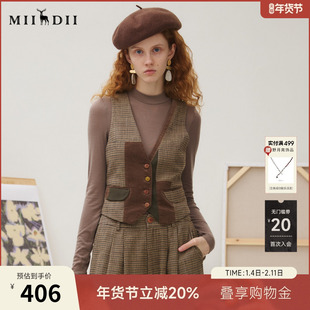 谜底马夹女2025秋季新品复古文艺格纹拼接层次修身马甲253MM1266