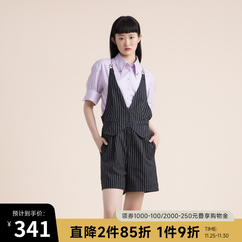 谜底背带短裤女2022夏季复古条纹马夹廓形222MK0514