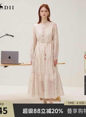 谜底连衣裙长袖女25秋回归乡野浪漫原创印花大A廓形长裙253ML1112