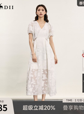 谜底提花长款连衣裙短袖夏波嬉风宫廷风V领收腰裙子242GL0524