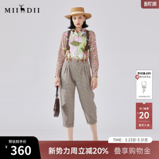 241MK0076 复古文艺风休闲直筒九分裤 谜底格纹背带裤 女春新款