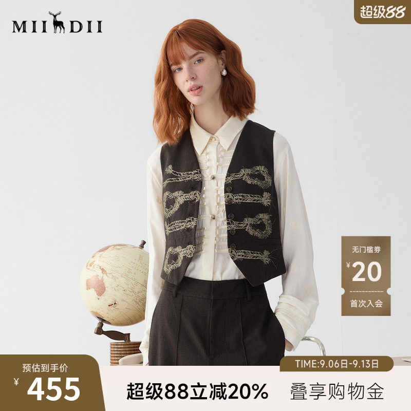 谜底西装马甲女2025春新品复古手绘绳结扣印花修身马夹251MM0079