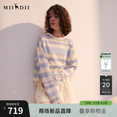 谜底短款套头针织衫长袖2026年春季新品条纹拼接蕾丝女261MZ0313