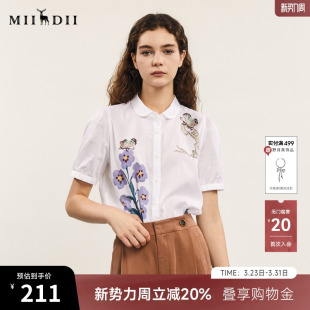 242MC0606 复古文艺风百搭衬衣短袖 谜底纯棉印花衬衫 女夏款