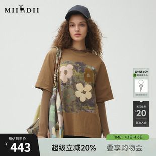 新品 复古立体印花宽松大廓形上衣253MT1043 女2025秋季 谜底T恤短袖