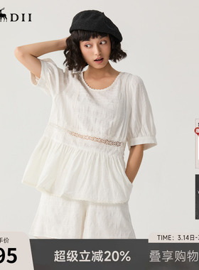 谜底套装女夏季新品复古文艺风蕾丝刺绣上衣+短裤242MTZ0592