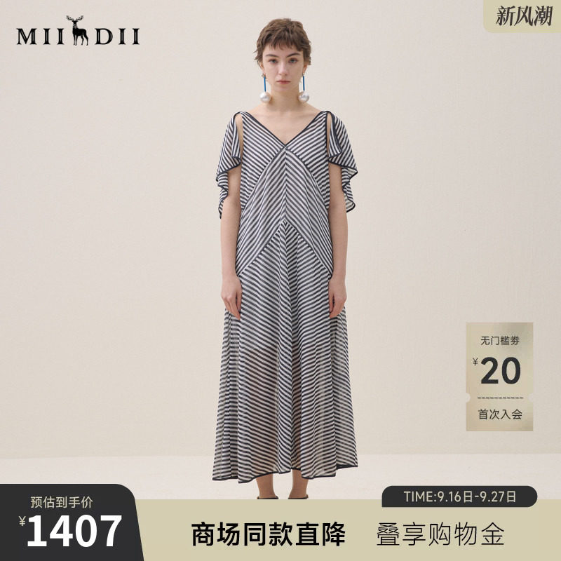 谜底A型针织连衣裙披肩袖2026夏季新品条纹两件套长裙女262MZ0787图片