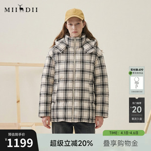 复古宽松加厚鸭绒面包服257MY8802 谜底连帽格子羽绒服女2025冬款