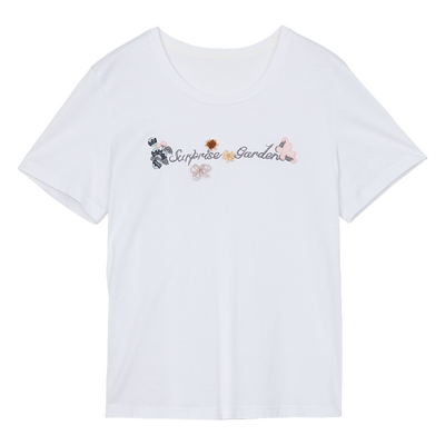 谜底圆领T恤短袖女年夏季新品简约百搭串珠绣花上衣242MT0563