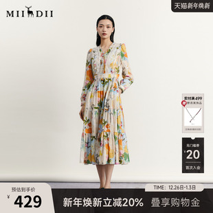 谜底花色连衣裙长袖 复古文艺提花收腰长裙233ML1090 女秋新款