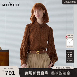 新品 女2025春季 复古风微皱肌理感衬衣251MC0109 长袖 谜底格纹衬衫