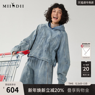 特色上衣244MV1557 复古风短款 谜底牛仔连帽卫衣长袖 女冬新品