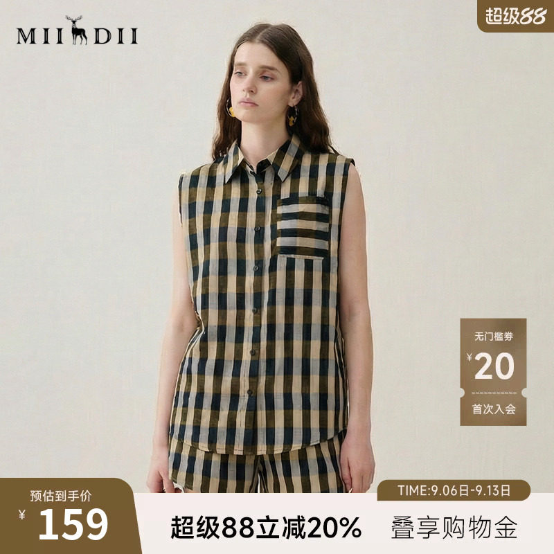 谜底格纹衬衫无袖女2025夏季新款复古文艺翻领百搭衬衣256MC6272图片